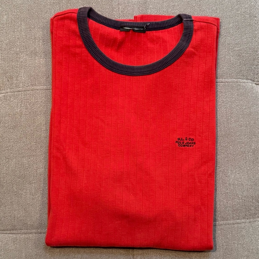 Vintage Y2K Polo Jeans Co Ralph Lauren Red Ribbed Knit Ringer Mens T-Shirt 2000s - Picture 3 of 10